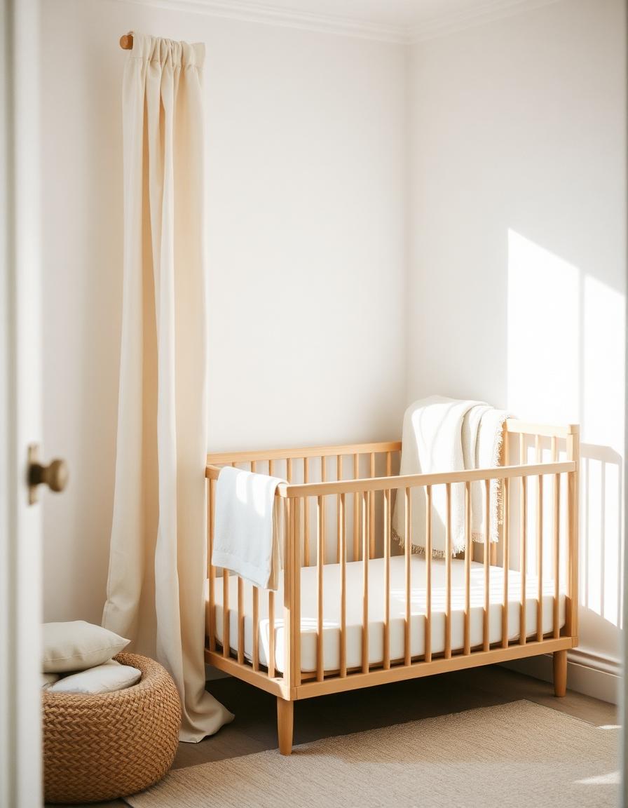 Sunlit nursery with a wooden crib and linen textiles